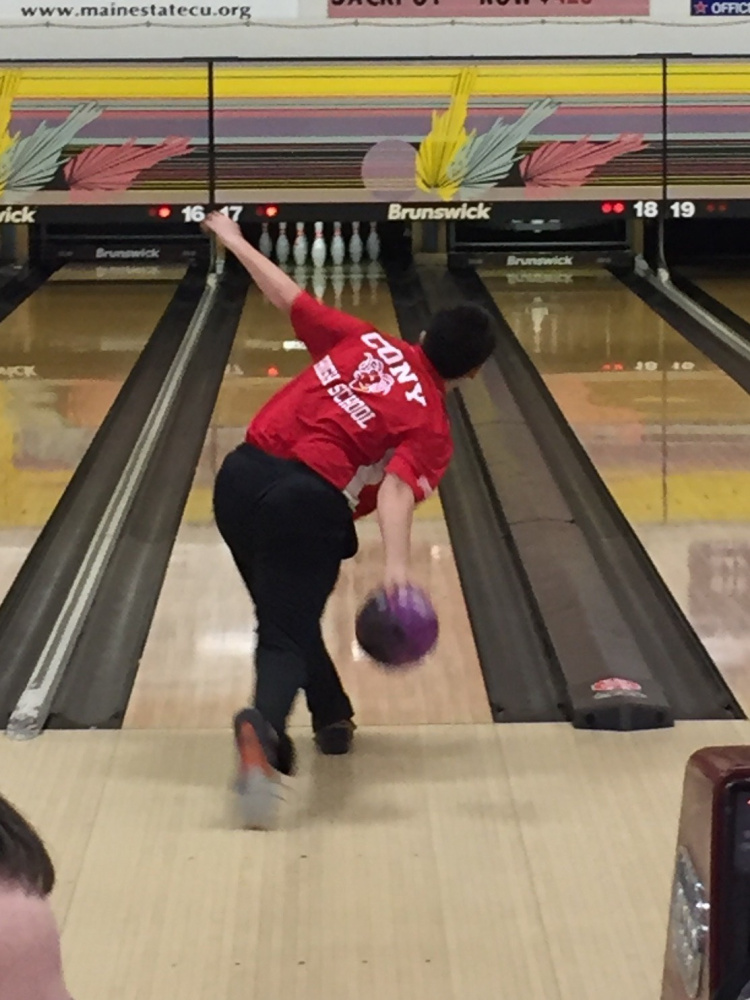 Cony bowler Jacob Sutter takes a turn at the Maine State U.S. Bowling Congress's state tournament back on March 5.