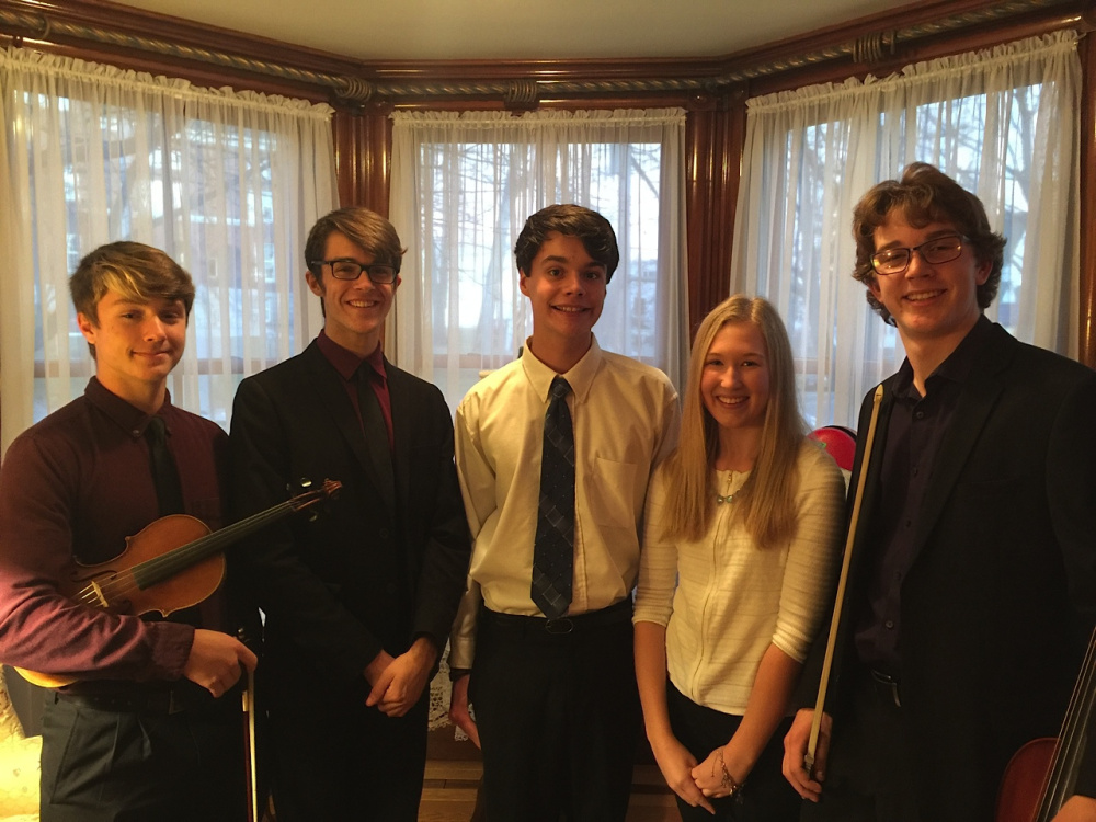 Performers in the upcoming Arts Institute Listen Local Youth Concert include, from left, Zach and Thad Gunther, Sawyer Zundel, Hallie Pike, and Nolan Rogers. Missing from photo are Ian Berry, Jillian Conant, Darby Sabin, and Isabelle and Phoebe Rogers.