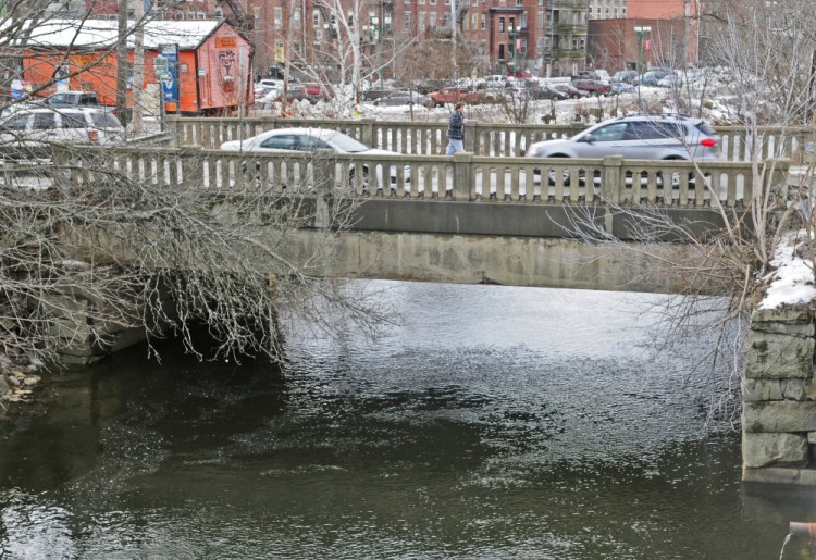 The Maine Avenue bridge over Cobbosseecontee Stream in Gardiner is seen Jan. 27. It is one of two Gardiner spans scheduled to undergo reconstruction in the coming years.