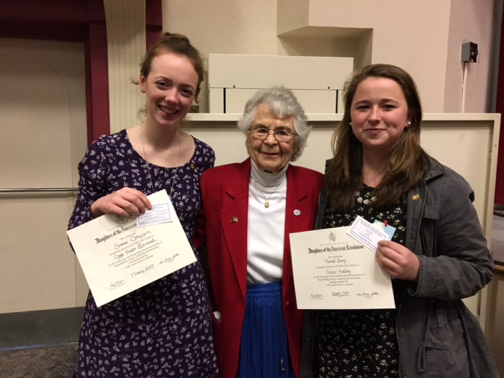 From left are Sarah Corkum from Cony High School, DAR Good Citizen Chairwoman Virginia Hersom, and Hannah Burns from Erskine Academy.