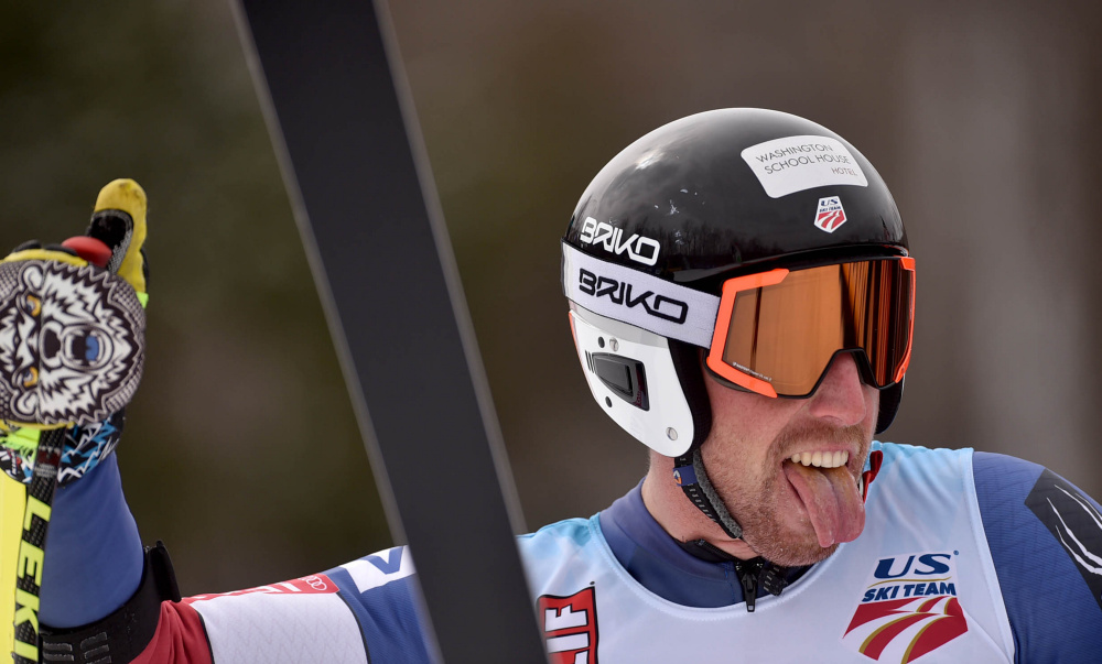 Michael Ankeny reacts after crossing the finish line in the super-G competition at the U.S. Alpine Championships at Sugarloaf on Saturday in Carrabassett Valley.