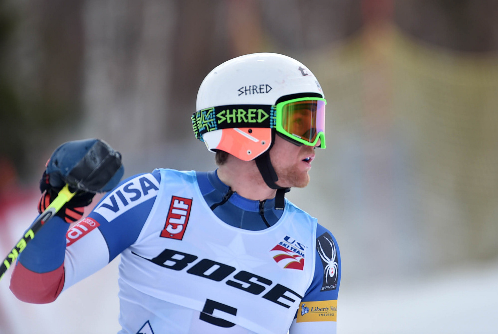 Ryan Cochran-Siegle reacts after winning the men's super-G at the U.S. Alpine Championships at Sugarloaf on Saturday in Carrabassett Valley.