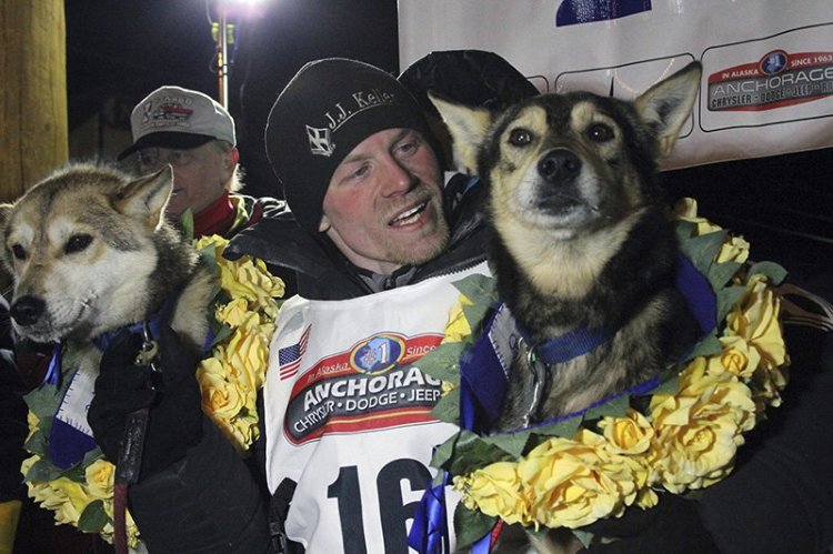Dallas Seavey in 2016  posing with his lead dogs Reef, left, and Tide after finishing the Iditarod Trail Sled Dog Race in Nome, Alaska. 