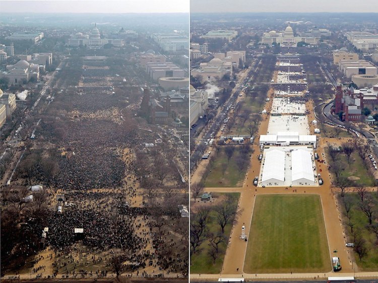 At left, a photo from the 2009 inauguration of President Barack Obama's audience on the National Mall in Washington. At right, photo of President Donald Trump's inauguration. 