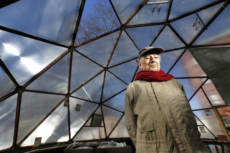 Alfred Padula stands in the geodesic dome he helped fund and build at Lincoln Middle School in Portland.