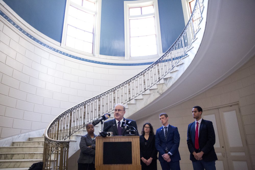 City Councilor David Brenerman spoke at a press conference in February at City Hall, where councilors discussed their support for body cameras for police officers and their trust in the police chief.