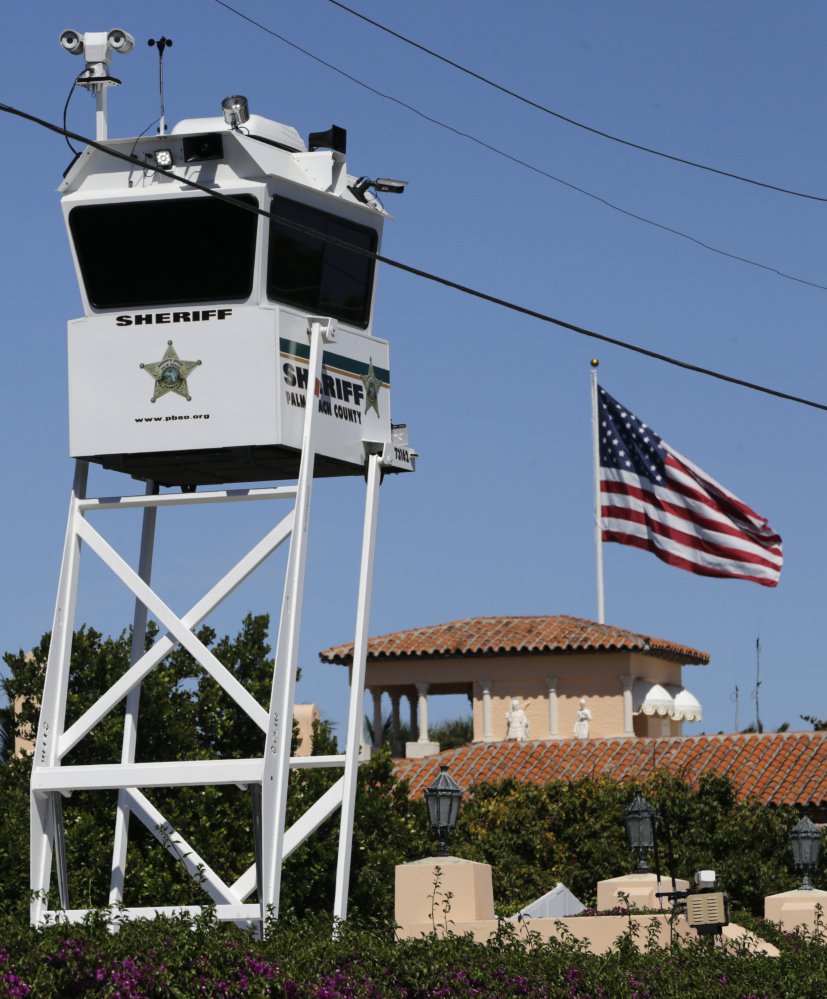 A lookout tower provided by Palm Beach County sits outside of President Trump's Mar-a-Lago resort.