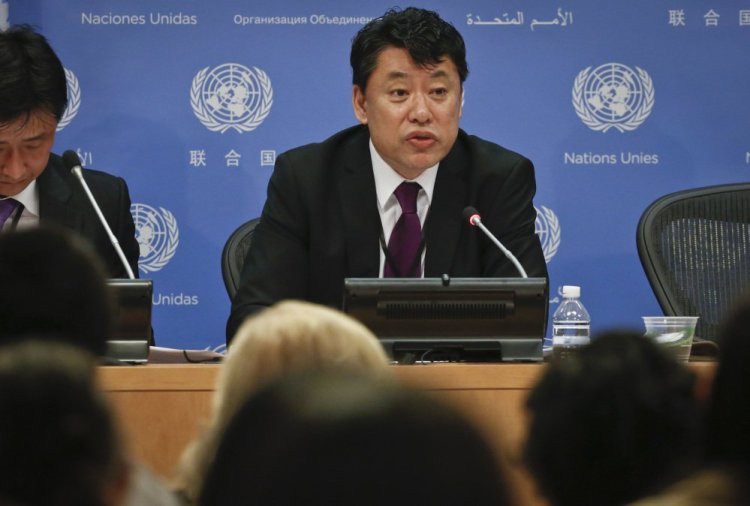 North Korea Deputy United Nations Ambassador Kim In Ryong speaks during a news briefing Monday at U.N. headquarters. He stressed that U.S.-South Korean military exercises being staged now are the largest-ever "aggressive war drill" aimed at his country.