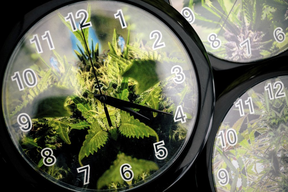 Set to the symbolic 4:20 time, weed patterns adorn clocks for sale in 2014 on the first of three days of Hempfest, Seattle's annual gathering to advocate the decriminalization of marijuana. April 20 marks marijuana culture's holiday, 4/20, when college students gather – at 4:20 p.m. – in clouds of smoke on campus quads and pot shops in legal weed states.