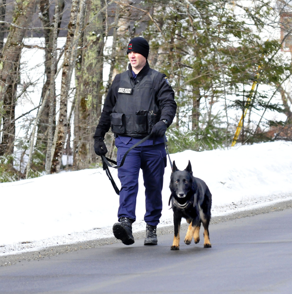Trooper G.J. Neagle and tracking dog Draco search along Winnecook Road in Burnham while investigating the death of Joyce Wood on Sunday morning who lived on that road.