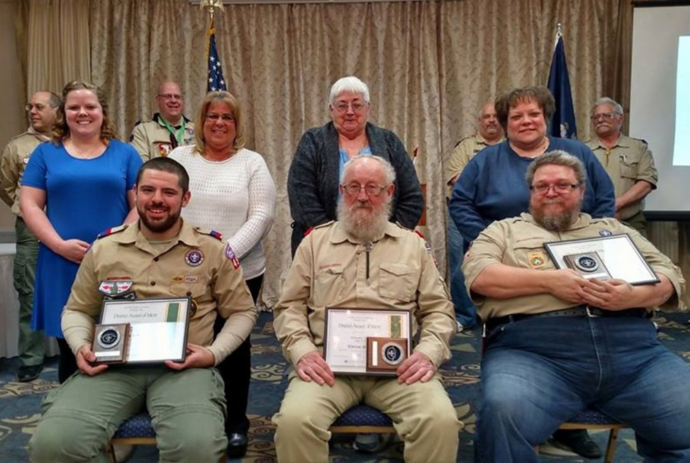 Contributed photo
Three local Scouting volunteers received the District Award of Merit at the Kennebec Valley District Annual Scout Leader Recognition Dinner held March 25 at the Waterville Lodge of Elks. They are Jared R. Bolduc, Clarence "Buster" Nutting and Raymond "Jim" VanAntwerp. Front, from left, are Jared Bolduc, Clarence Nutting and Raymond VanAntwerp; middle row, from left, are Blair Rueger, Kathy Bolduc, Gayle Nutting and Wendy VanAntwerp; and background row, from left, are District Chairman Rick Denico, Jay Pfingst, Pat Couture and Chuck Smith.