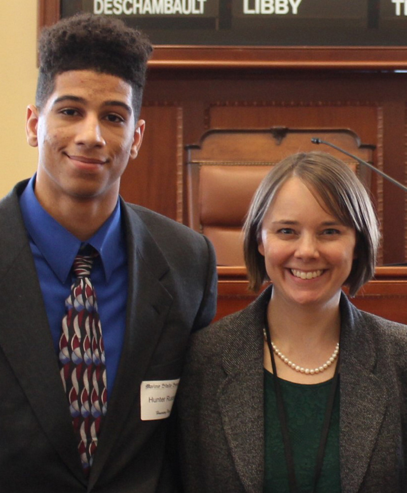 Gardiner Area High School student Hunter Russell served as an Honorary Page March 21 in the Maine Senate in Augusta. From left, are Russell and Sen. Shenna Bellows.
