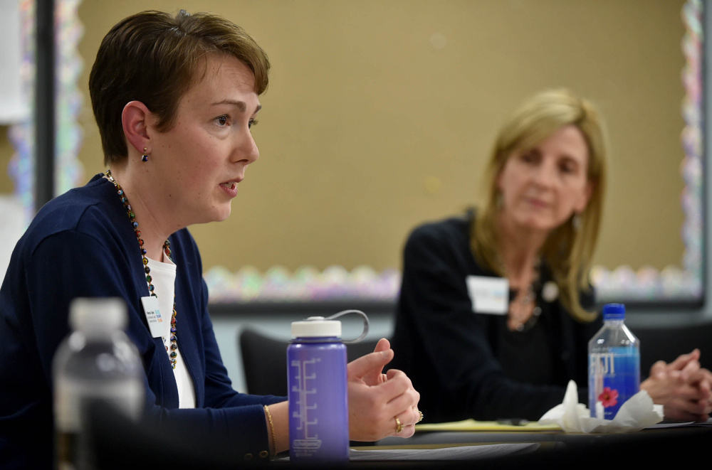 Rebecca Tapley, left, and Tamara Ranger, right, both finalists for 2016 Maine Teacher of the Year, take part in an interactive discussion on teaching at Thomas College in Waterville on Tuesday.