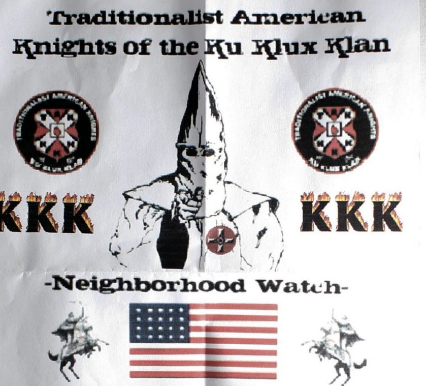 This Ku Klux Klan flier, which originally was folded into a sandwich bag, weighted with pebbles and left at the end of a driveway on South Freeport Road, was one of about two dozen such flyers found in Freeport and Augusta residents in January. Identical flyers also were found in Waterville on Monday morning and in Skowhegan this week.