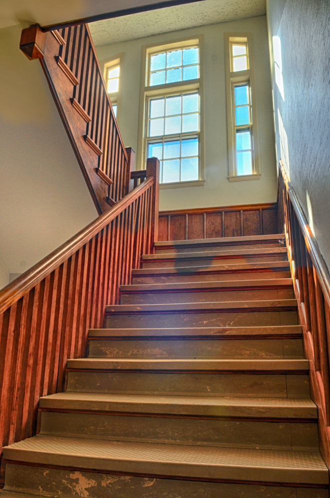 A staircase in the Central Building is seen Oct. 7, 2016, during a tour at Stevens Commons in Hallowell.