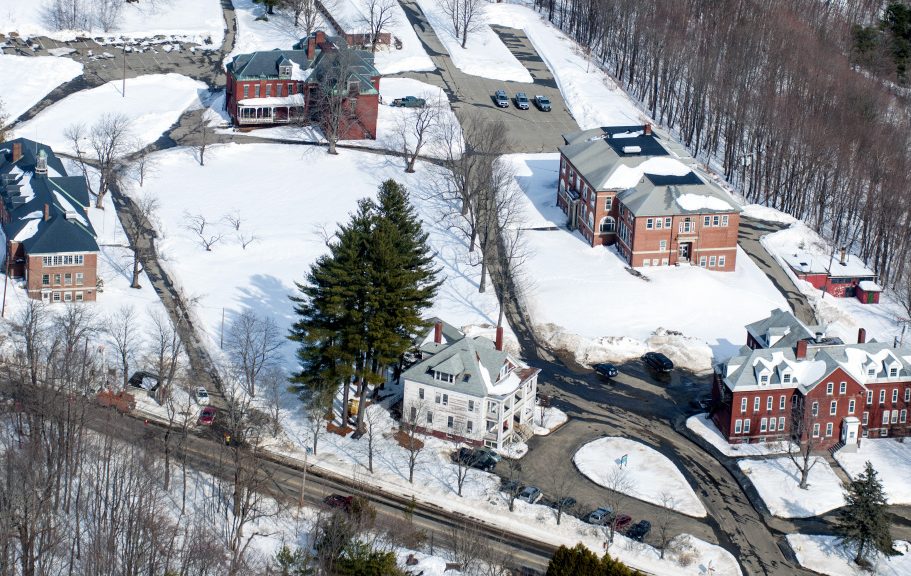 The Stevens Commons complex in Hallowell, seen on Feb. 21 from the air, is where a Portland-based affordable-housing developer proposes to restore the Central Building as housing for the elderly.
