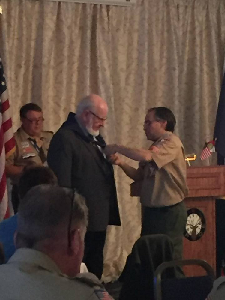 Contributed photo
Ron Morrell, pastor, receives his Scout Neckerchief by District Dinner Chairmen Al Duplessis, of Jackman, and Chuck Mahaleris, of Augusta.