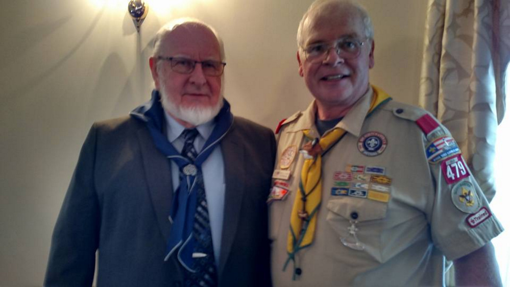Contributed photo
Ron Morrell, pastor of China Baptist Church, the newest Scout in Kennebec Valley District, with China Troop 479 Scoutmaster Scott Adams.
