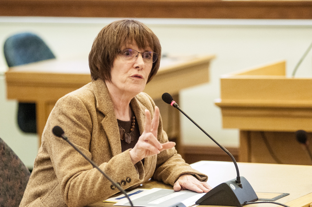 Sandy Matheson, executive director of Maine Public Employees Retirement System, testifies in Appropriations and Financial Affairs Committee on Friday in the State House in Augusta.