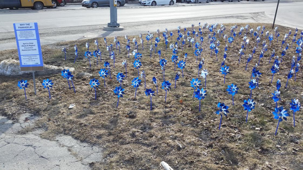 Contributed photo
Because April is National Child Abuse Prevention and Awareness month, Kennebec Valley Community Action Program's Family Enrichment Council recently placed hundreds of blue pinwheels in the Waterville downtown triangle.