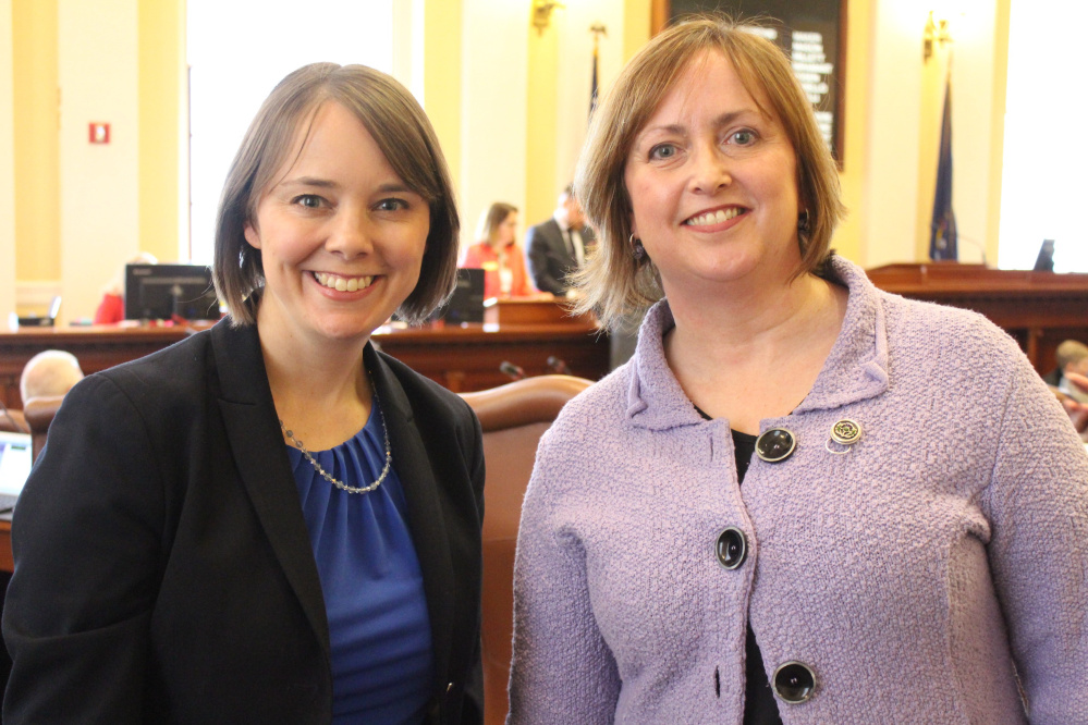 Contributed photo
Sen. Shenna Bellows, left, welcomes Susan Reisert, a Hallowell pastor, to the Maine Senate to give prayer on April 4.