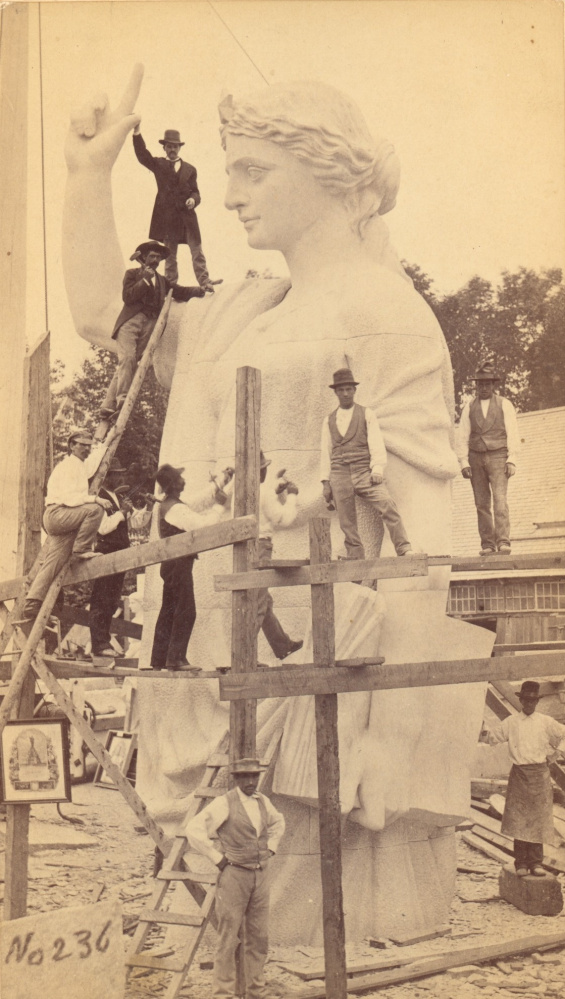 A Augustus F. Morse photograph of the Statue of Faith for the Plymouth Rock Monument. Carved at the Hallowell Granite Company in 1876-77.