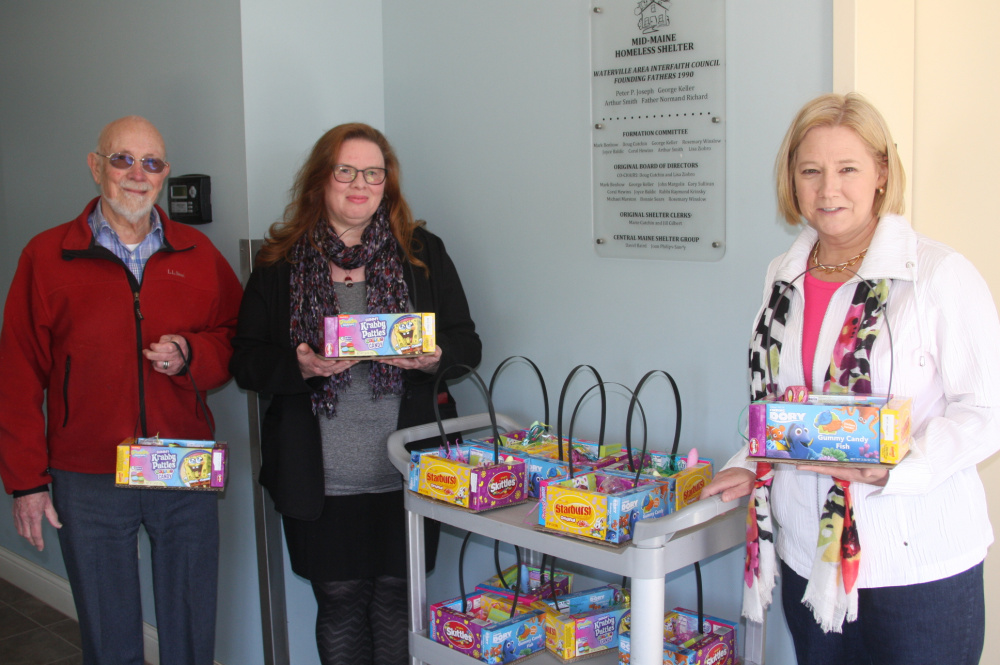 Contributed photo
Three local lawmakers helped deliver Easter gift baskets Friday to the Mid-Maine Homeless Shelter in Waterville. From left are Rep. Thomas Longstaff, D-Waterville, Rep. Colleen Madigan, D-Waterville, and Rep. Catherine Nadeau, D-Winslow.