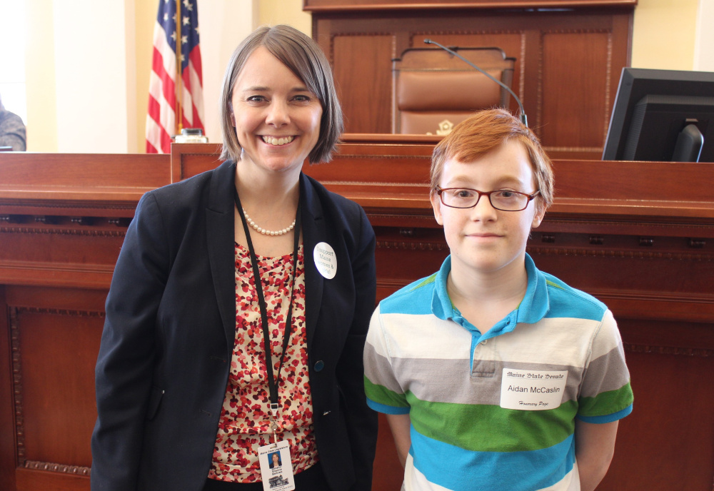 Contributed photo
Gardiner Regional Middle School student Aidan McCaslin, right, served as an Honorary Page March 23 in the Maine Senate. With McCaslin is Sen. Shenna Bellows, D-Manchester.