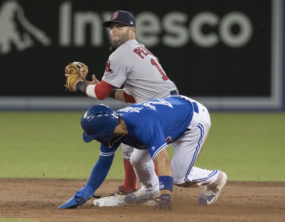 Toronto baserunner Devon Travis, bottom, slides in safe at second base as Boston second baseman Dustin Pedroia fields the throw in the third inning of a game Thursday in Toronto.
