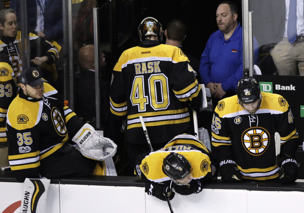 Boston Bruins goalie Tuukka Rask heads to the locker room after a 1-0 loss to the Ottawa Senators in Game 4 of a first-round NHL hockey playoff series in Bosto on Wednesday.