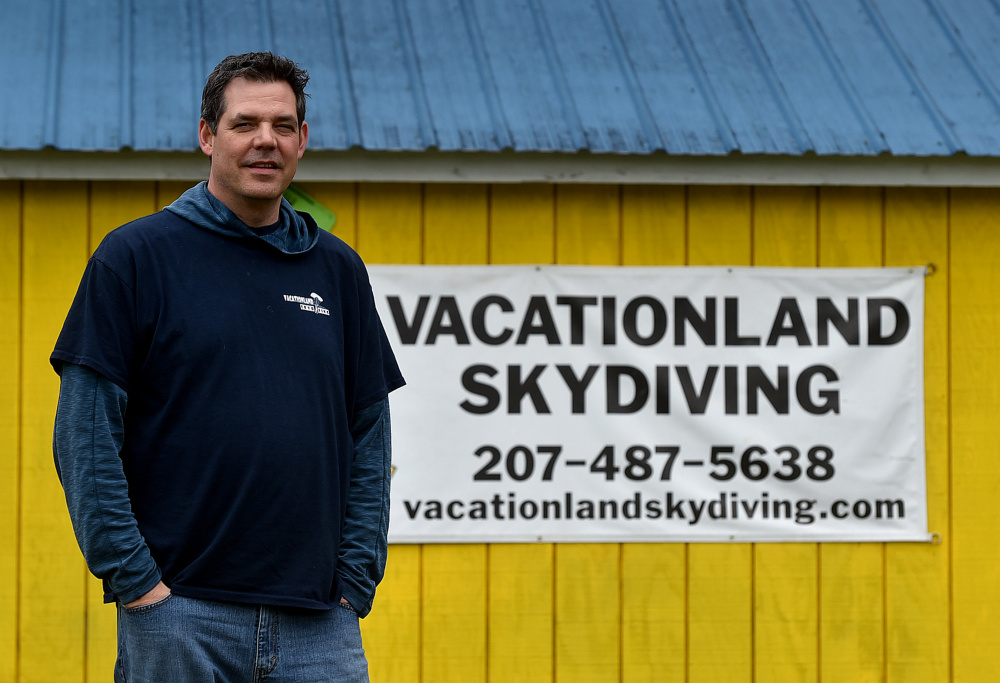 Brad Fisher, winner of the 2017 Elias A. Joseph Award from Mid-Maine Chamber of Commerce, stands at his skydiving business Thursday at the Pittsfield Municipal Airport in Pittsfield.
