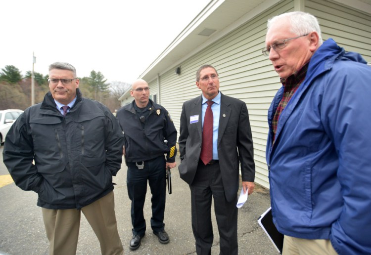 From left, Shawn O'Leary, Winslow's police chief; Bill Bonney, Waterville's deputy police chief; Michael Tracy, Oakland's police chief; and Joseph Massey, Waterville's police chief, talk on Thursday about their meeting with the Waterville Area Humane Society board of directors at the Humane Society in Waterville.