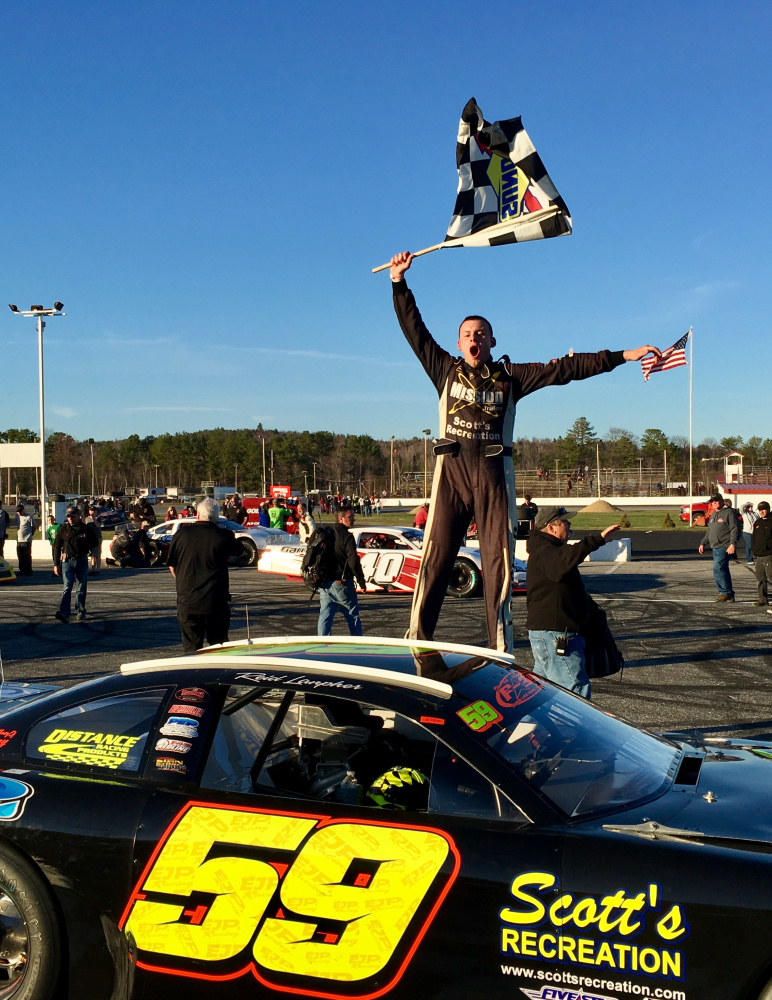 Reid Lanpher of Manchester celebrates after winning the PASS Speedway Homes 150 in April at Oxford Plains Speedway in Oxford. The Beech Ridge Motor Speedway point leader seeks his first Oxford 250 win on Sunday.