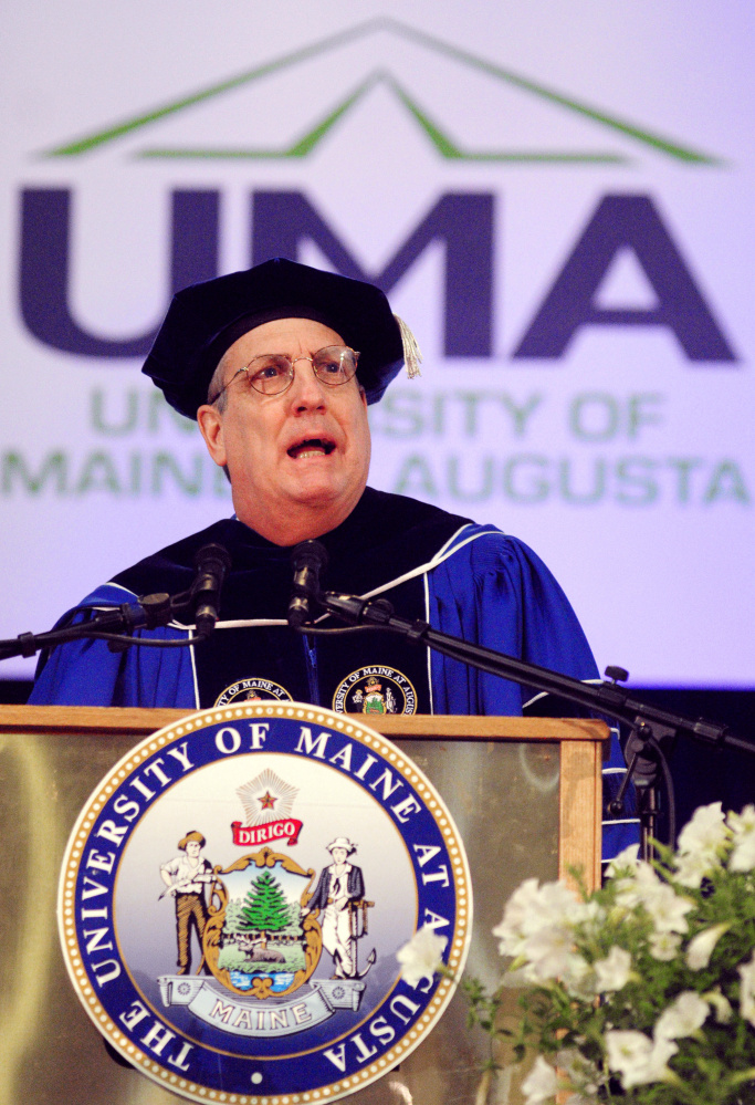 James Conneely, president of University of Maine at Augusta, speaks during a graduation ceremony May 14, 2016, at the Augusta Civic Center. Conneely is leaving the university at the end of the school year, prompting a search for a new president.