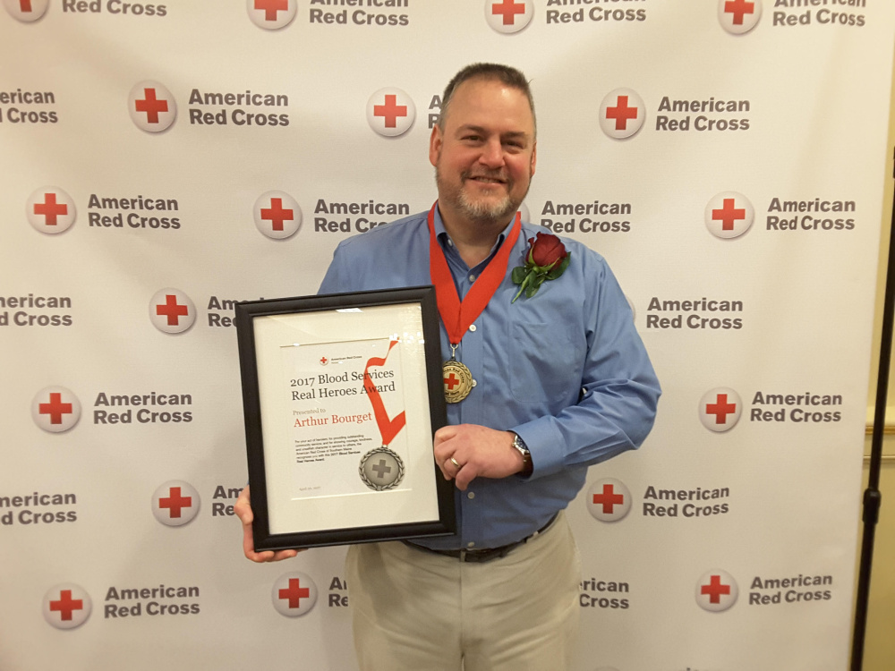 Arthur Bourget, of West Gardiner, was presented the 2017 Real Hero Blood Services Award by the American Red Cross of Maine. His work promoting blood donation was recognized at the Real Heroes Breakfast at the Italian Heritage Center in Portland.