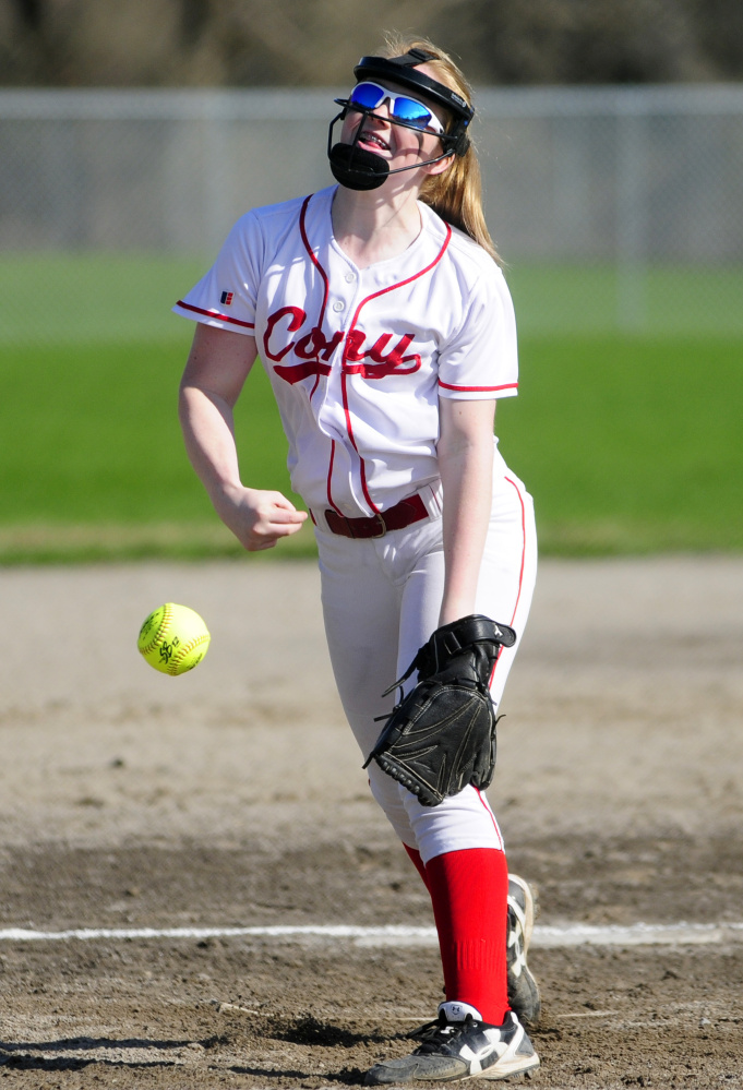 Cony's Gabby McGuire throws a pitch against Mt. Blue on Friday at Newman Brann Memorial Field on Friday in Augusta.