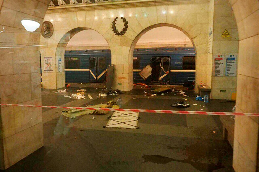 This subway train was hit by an explosion at the Tekhnologichesky Institut subway station in St. Petersburg, Russia, on Monday.