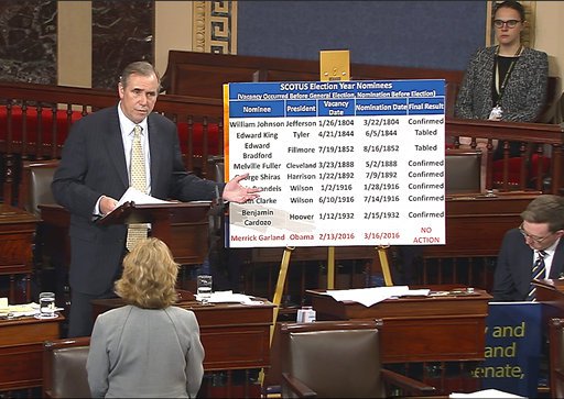 In this frame grab from video provided by Senate Television, Sen. Jeff Merkley, D-Ore. speaks on the floor of the Senate on Capitol Hill in Washington.     Senate Television via AP