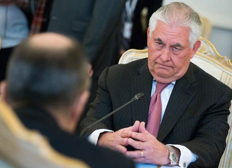 U.S. Secretary of State Rex Tillerson listens to Russian Foreign Minister Sergey Lavrov, whose back is to the camera, during their meeting in Moscow, Russia, on Wednesday.