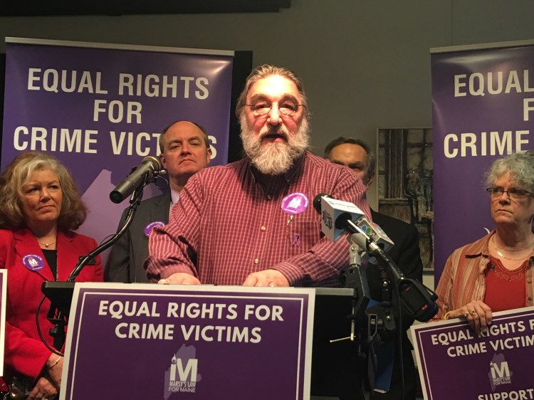 Arthur Jette, the leader of the Maine chapter of Parents of Murdered Children, speaks during a press conference at the State House in Augusta on Tuesday. Jette was offering his support for a state constitutional amendment that could go to voters this fall to ensure the rights of victims of crimes.