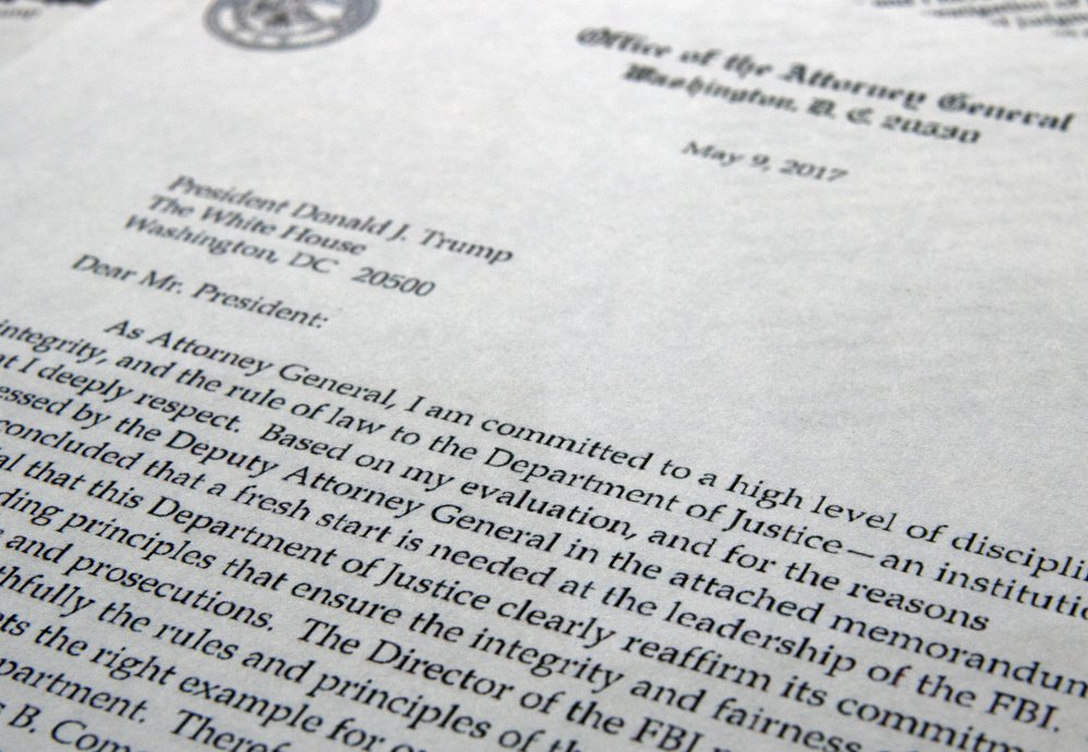 The letter from Attorney General Jeff Sessions to President Trump to FBI Director James Comey is shown in Washington, where  Sessions said a "fresh start is needed at the leadership of the FBI."