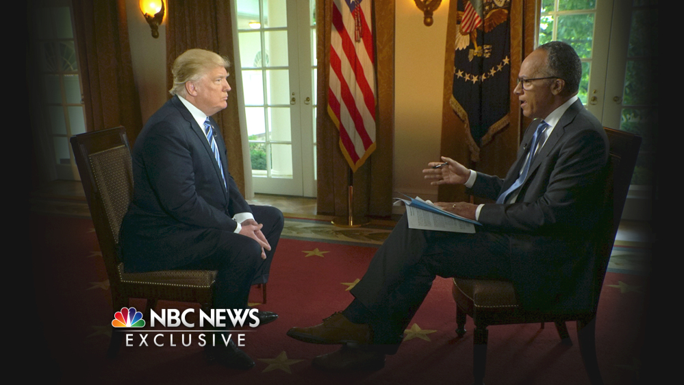 In this image provided by NBC News, President Trump is interviewed by Lester Holt on Thursday. Trump insisted during the interview that there was "no collusion" between his winning campaign and the Russian government.