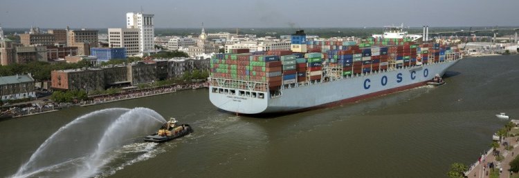 The container ship COSCO Development sails up river past the historic district of Savannah, Ga., to the Port of Savannah on Thursday.