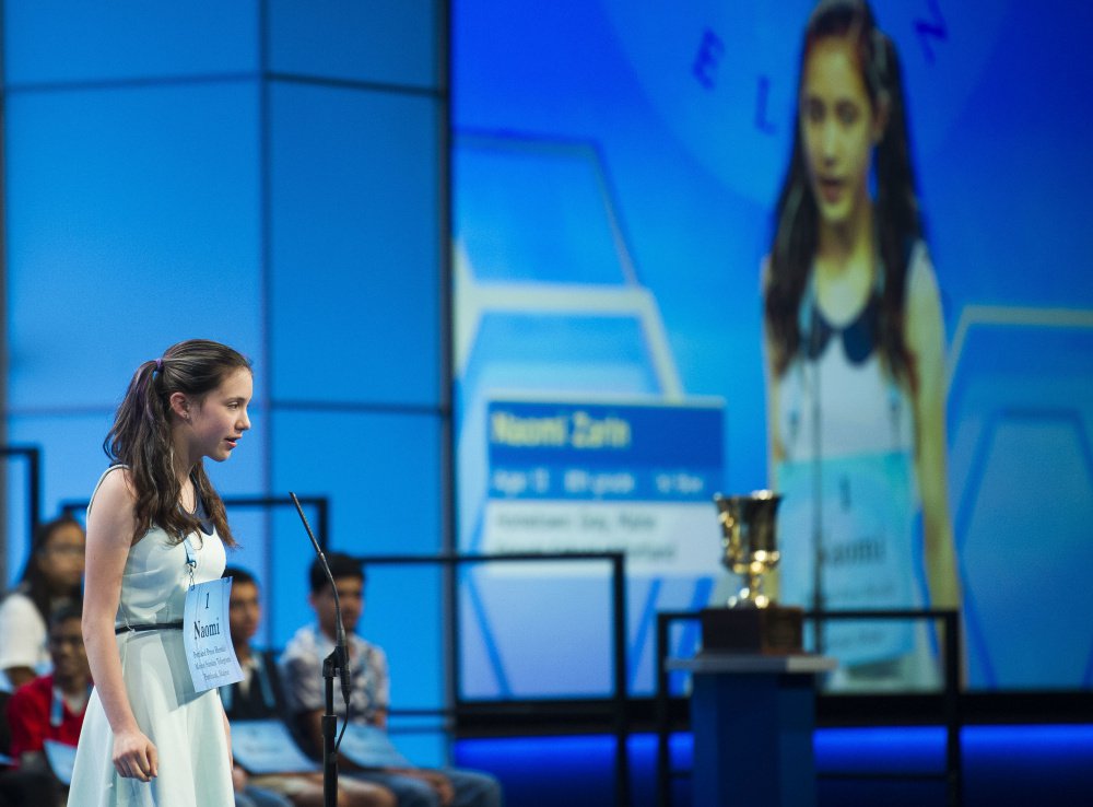 Naomi Zarin, 12, correctly spells a word Wednesday in the 90th Scripps National Spelling Bee in Oxon Hill, Md. She attends the Friends School of Portland.