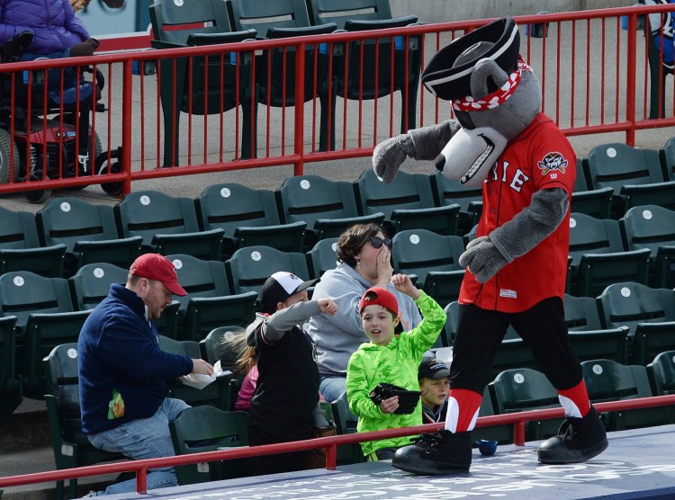Erie SeaWolves mascot C. Wolf gets the fans excited during an April game against the Binghamton Rumble Ponies at UPMC Park in Erie, Pa. 