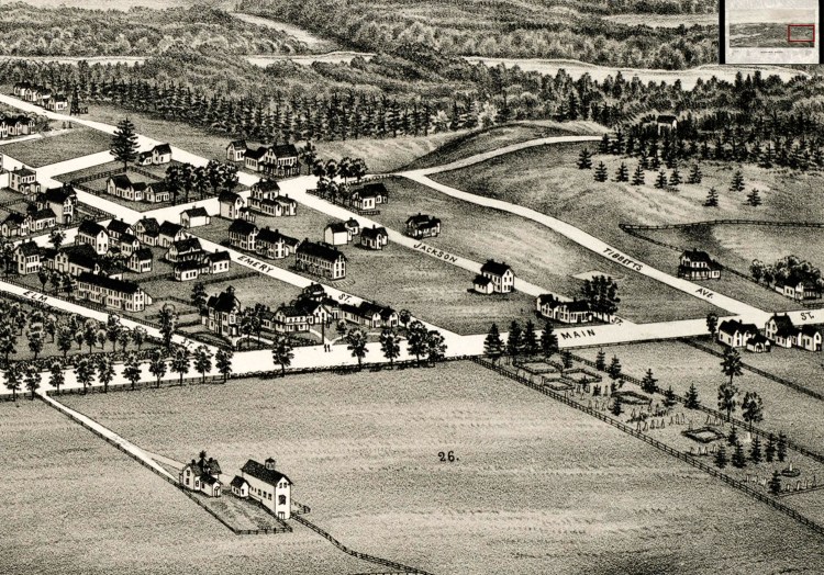 A detail of a bird's-eye view image of Sanford from 1889 shows Woodlawn Cemetery, right front.
