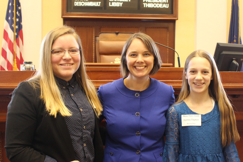 Gardiner students Savannah Green and Sydney Dayken served as honorary pages April 6 in the Maine Senate in Augusta. From left are Green, Sen. Shenna Bellows, D-Manchester, and Dayken.
