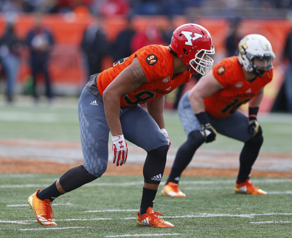 North squad outside linebacker Derek Rivers of Youngstown (Ohio) State University lines up for a play during the second half of the Senior Bowl on Jan. 28 at Ladd-Peebles Stadium in Mobile, Alabama.