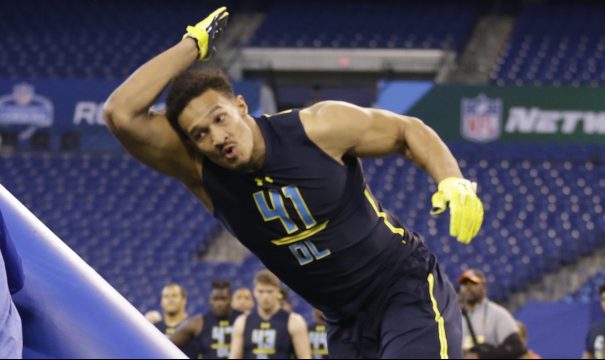 Youngstown (Ohio) State University defensive end Derek Rivers runs a drill at the NFL football scouting combine March 5 in Indianapolis. The New England Patriots selected Rivers, who was born in Augusta, in the third round of the NFL draft.