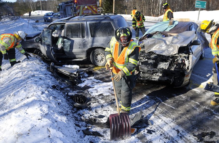 Monmouth firefighters collect debris on March 6, 2014, from a two-car collision that killed Joan Fortier, 67, of Mount Vernon, on U.S. Route 202 in Monmouth. Alyssa Marcellino, 25, of Winthrop, was convicted of causing the death of another and, on Monday, sent back to jail to serve additional time for violating the terms of her probation.